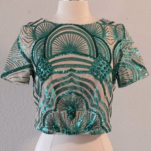 Cream Tan & Sequin Turquoise Party Festive New Year’s Eve Crop Top
